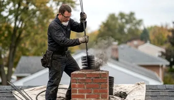 Chimney sweep at work on a Newport Beach roof